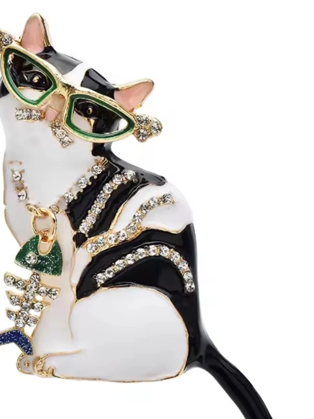Anthropologie Black White Cat Brooch with Green Glasses and Gold Accents
